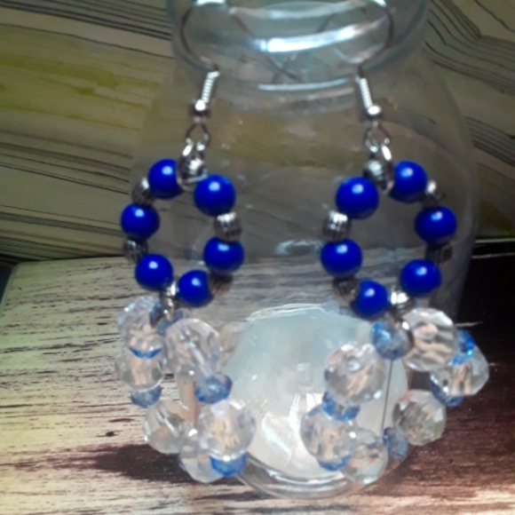 Blue & Clear Beaded Round Earrings Dangling Long Earrings - Picture 6 of 6
